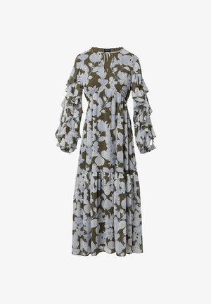 Alyvuogių spalvos gėlių maksi suknelė su šviesiai mėlynomis raštais, turinti volanines rankoves ir susirauktą liemenį, baigta su kelių lygių sijonu.