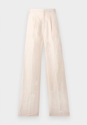 Beige wide-leg trousers made of linen with a smooth texture, featuring front pleats and a clean, simple waistband design.