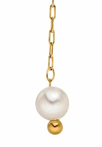 Goldkette mit einer großen weißen Kugel aus glänzendem Material und einer kleinen goldenen Perle am Ende, die ein minimalistisches Design schafft.