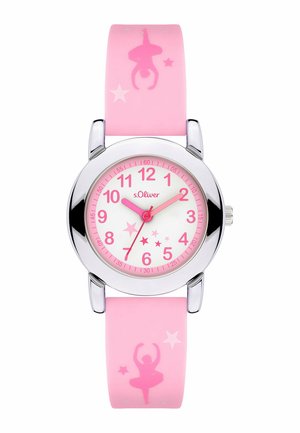 Kinderarmbanduhr mit pinkfarbenem Armband, das Silhouetten von Ballerinas und Sterne zeigt, weißem Zifferblatt, pinken Zahlen und silbernem rundem Gehäuse.