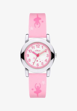 Kinderarmbanduhr mit pinkfarbenem Armband, das Silhouetten von Ballerinas und Sterne zeigt, weißem Zifferblatt, pinken Zahlen und silbernem rundem Gehäuse.