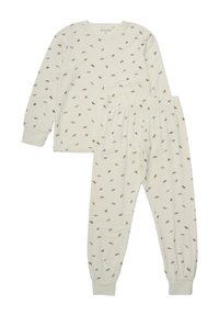 Crème lange mouwen pyjama-top en bijpassende broek, met een bedrukte patroon van kleine bosdieren in zachte kleuren. Elastinge tailleband.