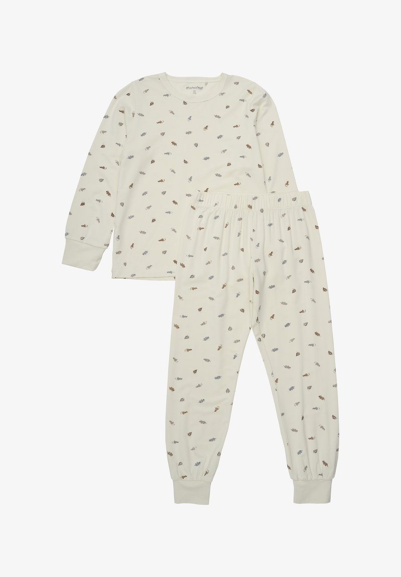 Crème lange mouwen pyjama-top en bijpassende broek, met een bedrukte patroon van kleine bosdieren in zachte kleuren. Elastinge tailleband.