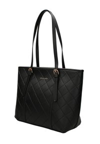 Borsa a tracolla nera trapuntata realizzata in materiale sintetico testurizzato, dotata di doppie cinghie regolabili e sottili accenti in metallo dorato.