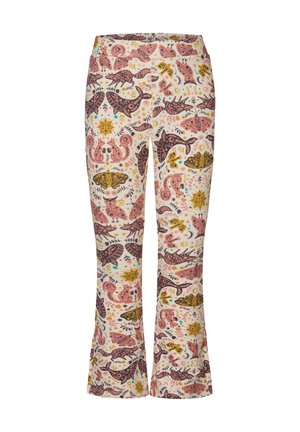 Printed flared pants in cream with multicolor patterns of animals, plants, and celestial motifs; made from a soft, stretchy fabric.