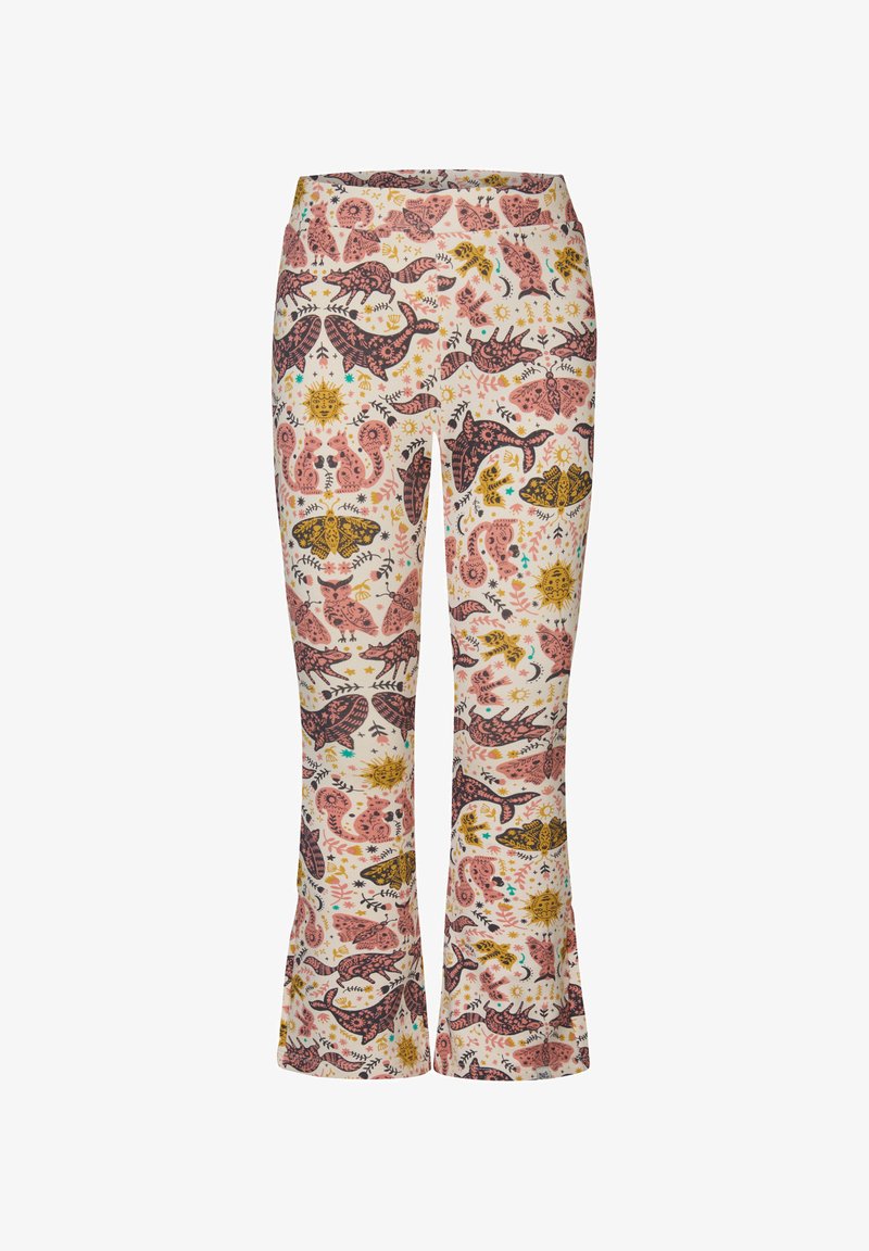 Spodnie dzwony w kolorze kremowym z wielokolorowymi wzorami zwierząt, roślin i motywów niebieskich; wykonane z miękkiego, elastycznego materiału.