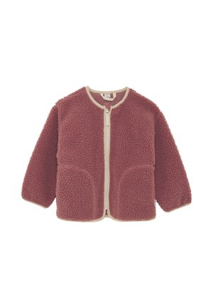 Fleecejakke i støvet rosa med cremefarvet kant, der har lynlås foran og to store sidelommer. Blødt, tekstureret materiale og afslappet pasform.