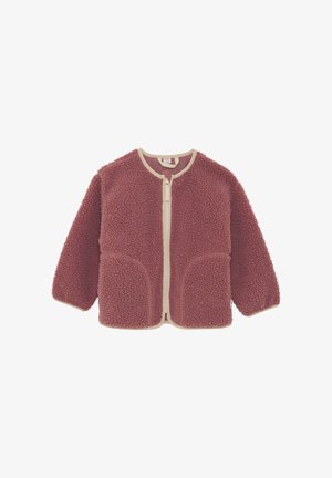 Veste en polaire rose poussiére avec bordure crème, dotée d'une fermeture éclair à l'avant et de deux grandes poches latérales. Matière douce et texturée, coupe décontractée.