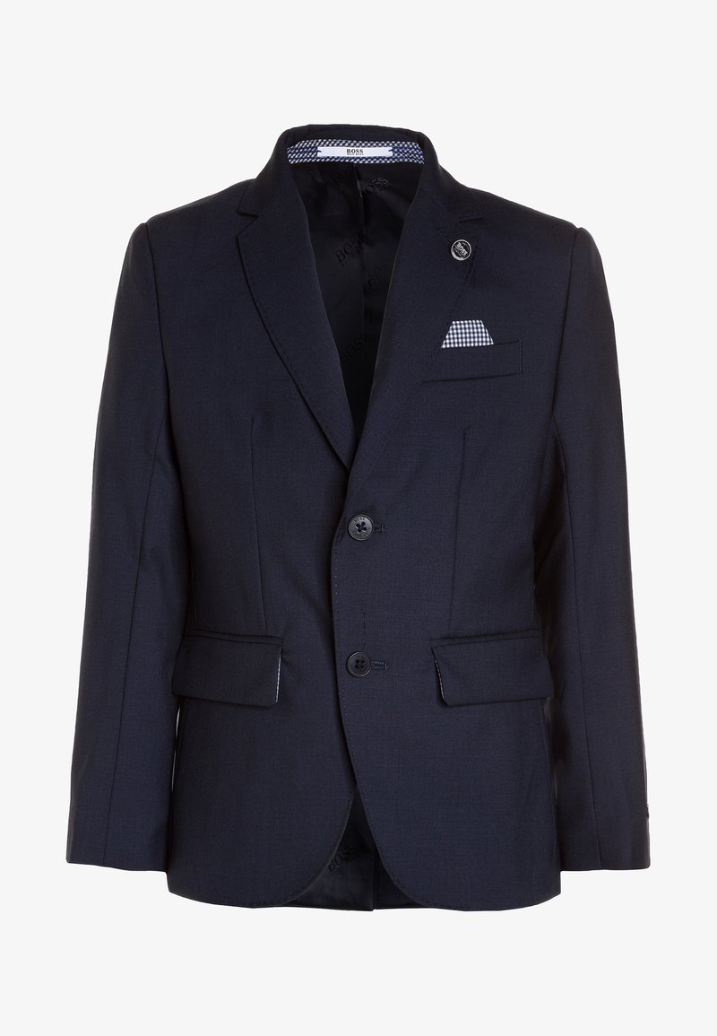 Ciemnoniema marynarka o dopasowanym kroju, z klapami, z zamykaniem na jeden guzik i detalem w postaci kratkowanej poszetki. Wykończenie z teksturowanej tkaniny.