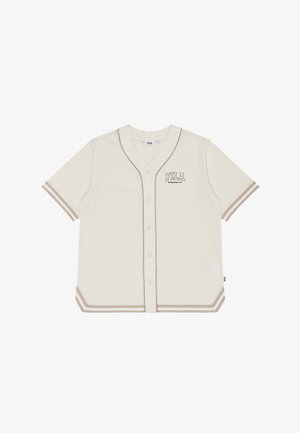 Maglietta beige a maniche corte stile baseball FILA con chiusura frontale a bottoni e rifiniture a righe marroni su maniche e orlo.