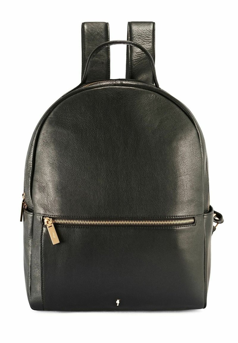 Czarny skórzany plecak o zaokrąglonym designie, z przednim złotym zamkiem błyskawicznym i podwójnymi ramiączkami. Teksturalne wykończenie z dyskretnym logo.