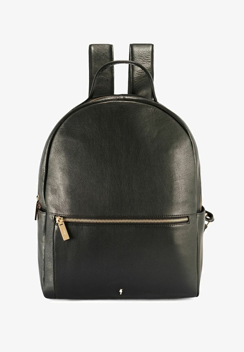 Czarny skórzany plecak o zaokrąglonym designie, z przednim złotym zamkiem błyskawicznym i podwójnymi ramiączkami. Teksturalne wykończenie z dyskretnym logo.