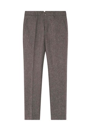 Broek gemaakt van gestructureerde, grijze stof met subtiele patronen, met een rechte snit, zijzakken en een voorknopsluiting.