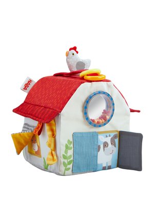 Soft fabric toy house with red roof, plastic bead window, yellow rings, a chicken on top, and animal illustrations on sides.