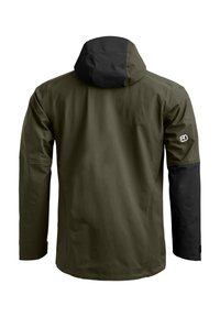 Olive green waterproof jacket with a detachable black hood, long sleeves, and a logo accent on the left sleeve. Smooth texture, functional design.