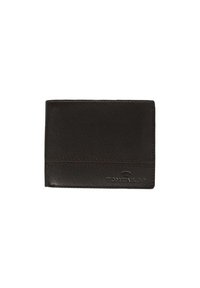 Portefeuille en cuir noir avec une texture lisse, comportant une accent cousue et un logo de marque embossé sur un côté. Design rectangulaire compact.