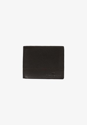 Black leather wallet with a smooth texture, featuring a stitched accent and embossed brand logo on one side. Compact rectangular design.