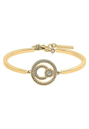 Gouden armband met een ronde centrale hanger met concentrische cirkels ingelegd met kleine heldere kristallen en een verstelbare sluiting.