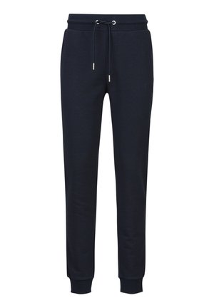 Zwarte slim-fit trainingsbroek met elastische tailleband, verstelbare trekkoorden, zijzakken en omgeslagen enkels.
