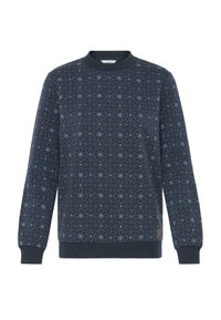 Sweatshirt bleu marine foncé avec un motif étoile géométrique en bleu clair. Doté d'un col rond et de poignets côtelés, fabriqué à partir d'un tissu doux et texturé.