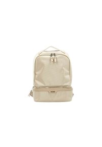Beige Nylon-Rucksack mit strukturierter Oberfläche, doppeltem Reißverschluss, Griff an der Oberseite und einem unteren Fach. Mit markantem Akzent an der Vorderseite.
