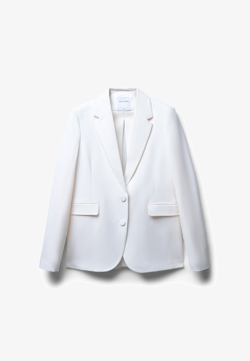 Weißer Blazer mit strukturiertem Design, mit Reverskragen, zwei Fronttaschen und zwei Knöpfen. Glattes Gewebe mit einer eleganten Oberfläche.