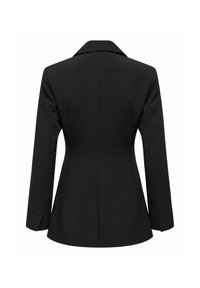 Mustriline mustus bleiser, millel on pikad varrukad, lõigatud krae, üks tagumine õhutusava ja nööpidega mansetid. Sile kangas, struktureeritud lõige.