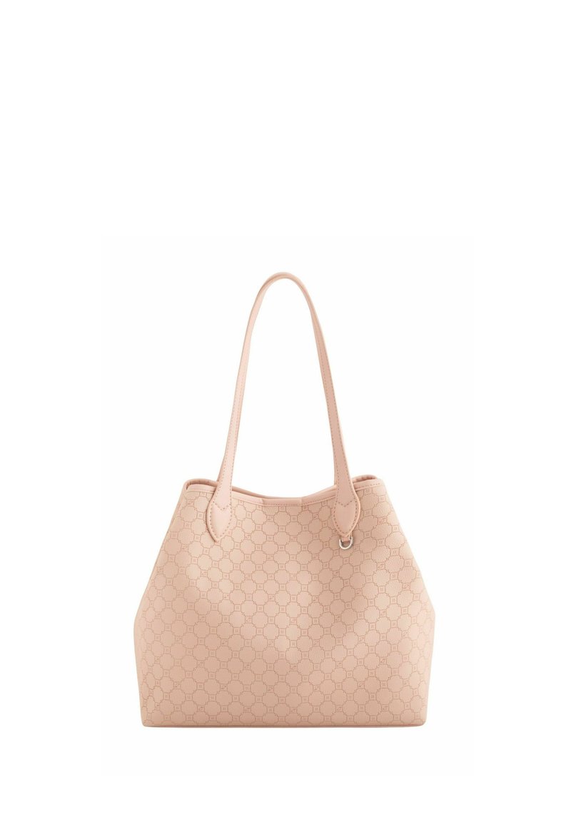 Sac fourre-tout texturé rose avec un motif hexagonal, des bords courbés et deux poignées. Matériau lisse avec un éclat subtil.