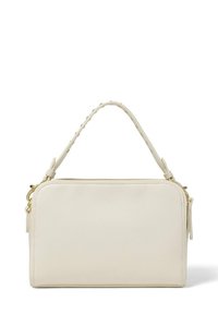 Borsa a tracolla in pelle bianca di forma rettangolare, con manico intrecciato e dettagli in metallo dorato. Superficie testurizzata con chiusura a zip.