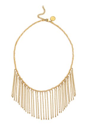 Collar de color dorado con cuentas pequeñas y flecos colgantes de cadena, con cierre ajustable y etiqueta redonda de marca.