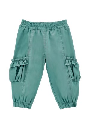Pantaloni turchese per bambini con vita elastica, tasche arricciate raccolte su ogni lato e polsini elasticizzati alle caviglie.