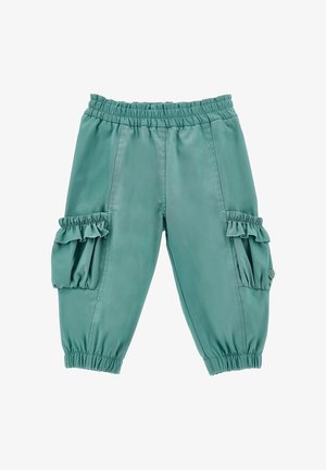 Pantaloni turchese per bambini con vita elastica, tasche arricciate raccolte su ogni lato e polsini elasticizzati alle caviglie.