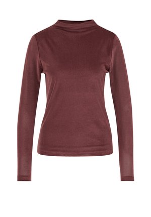 Dlhý rukáv v burgundskej farbe, vyrobený z hladkej, elastickej látky. Má vysoký výstrih a priliehavý dizajn bez vzorov.
