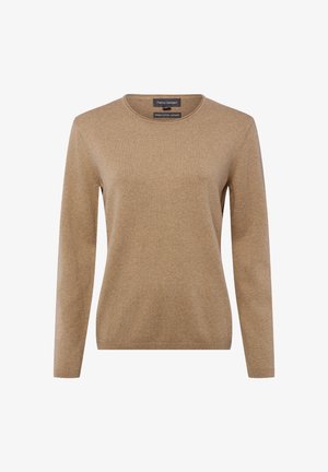 Beiger Pullover mit langen Ärmeln aus Bio-Baumwolle und Kaschmir, mit klassischem Rundhalsausschnitt und einer weichen, glatten Textur.