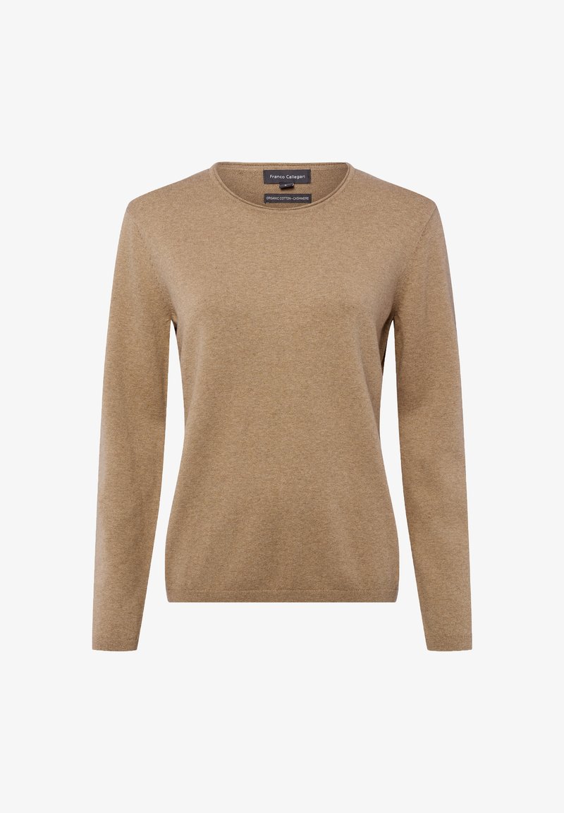 Beiger Pullover mit langen Ärmeln aus Bio-Baumwolle und Kaschmir, mit klassischem Rundhalsausschnitt und einer weichen, glatten Textur.