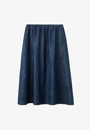 Jeansrock mit elastischem Bund, knieumspielend, dunkelblau, leichtes Material und einfache Saumdetails.