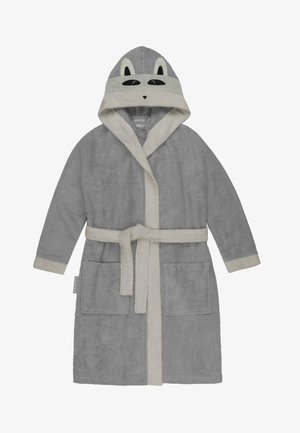Grau gefärbter Kapuzenbademantel aus weichem Frottee, mit einem hellgrauen Innenfutter, einem Waschbärenkopf auf der Kapuze und zwei vorderen Taschen.