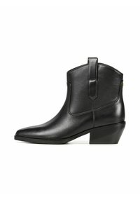 Czarna skórzana botka za kostkę z ostrym noskiem, małym obcasem i pętelką z tyłu ułatwiającą zakładanie. Gładka tekstura i elegancki design.