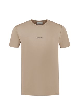 Beige short-sleeve t-shirt with crew neck, small centered black text "PURE PATH" on chest, plain design, no patterns or logos.