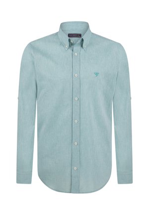 Lichtblauw overhemd met lange mouwen, knopen, een button-down kraag en een klein geborduurd vogel-logo op de linkerborst.