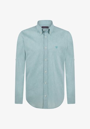 Lichtblauw overhemd met lange mouwen, knopen, een button-down kraag en een klein geborduurd vogel-logo op de linkerborst.