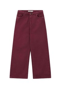 Jean large bordeaux en denim de coton. Offre une fermeture à bouton, des poches avant et une coupe droite au niveau de l'ourlet. Tissu texturé.