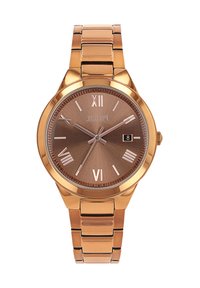 Gouden analoge polshorloge met een bruine gestructureerde wijzerplaat, Romeinse cijfers en een datumschaal, voorzien van een bijpassende metalen schakelarmband.