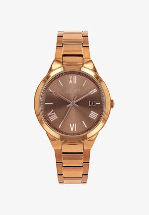 Goldfarbene analoge Armbanduhr mit braunem strukturiertem Zifferblatt, römischen Ziffern und einem Datumsfenster, ausgestattet mit einem passenden Metallgliederarmband.