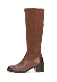 Braune knielange Stiefel mit einer glatten Lederzehe und einem weichen Wildlederschaft, Blockabsatz und Reißverschluss.