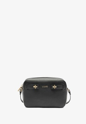 Schwarze Leder-Crossbody-Tasche mit goldfarbenen Akzenten, rechteckiger Form und zwei vorderen Trägern. Sie verfügt über einen Reißverschluss und einen verstellbaren Gurt.