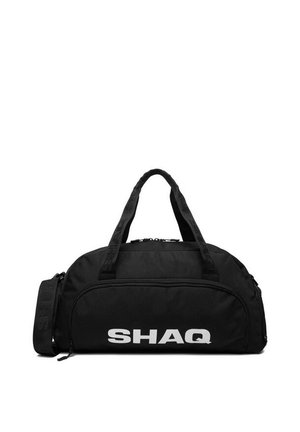 Schwarze Sport-Duffel-Tasche mit zwei Griffen, einem abnehmbaren Schultergurt und "SHAQ" in großen weißen Buchstaben auf der Vordertasche.
