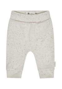 Light gray baby pants made of soft cotton blend with black speckles, elastic waistband, and cuffs at the ankles for comfort and fit.