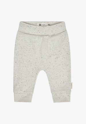 Helle graue Babypants aus weichem Baumwollmix mit schwarzen Sprenkeln, elastischem Bund und Bündchen an den Knöcheln für Komfort und Passform.