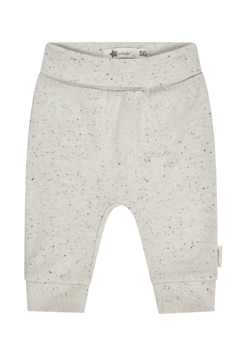 Light gray baby pants made of soft cotton blend with black speckles, elastic waistband, and cuffs at the ankles for comfort and fit.